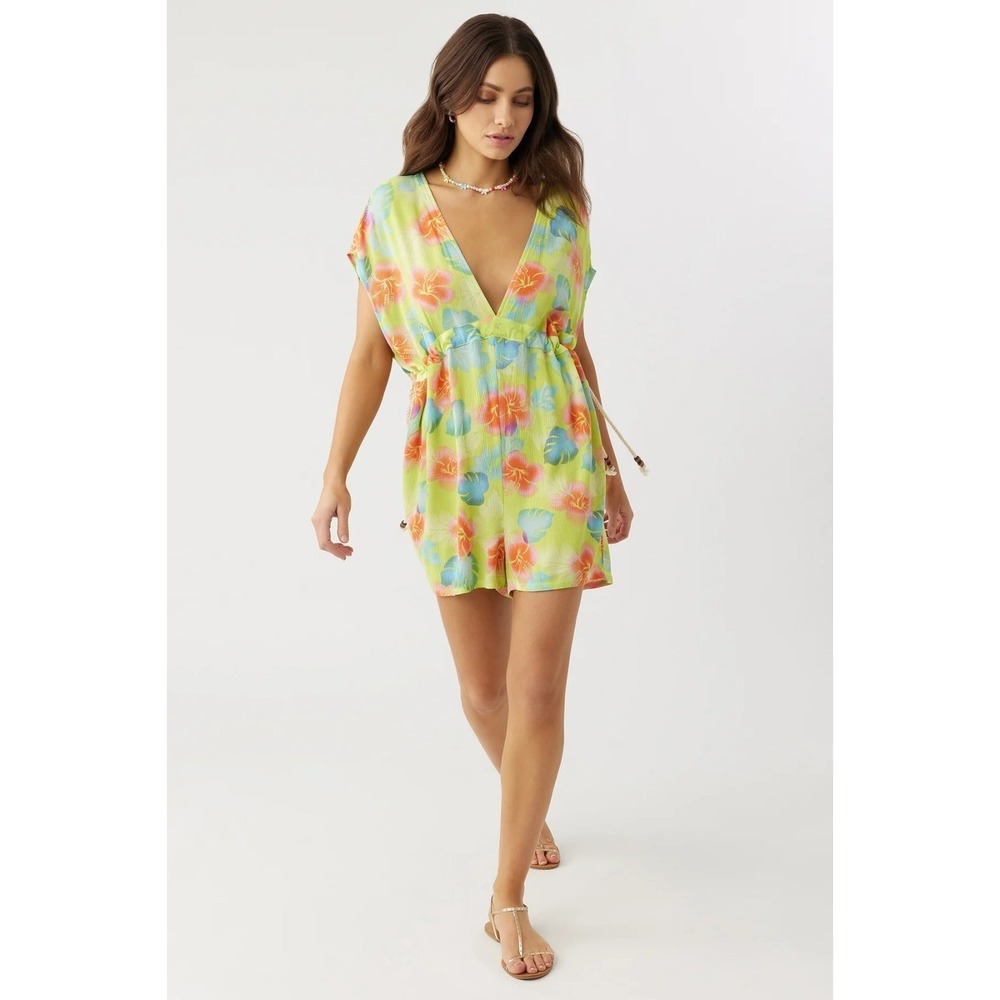 O'Neill Womens Hibiscus Floral Romper Deep V-Neck Tropical Lime Green Medium